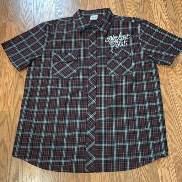 Men’s Dead End Black Market Art Skull Shirt, short sleeve button up plaid, XL - Picture 4 of 8